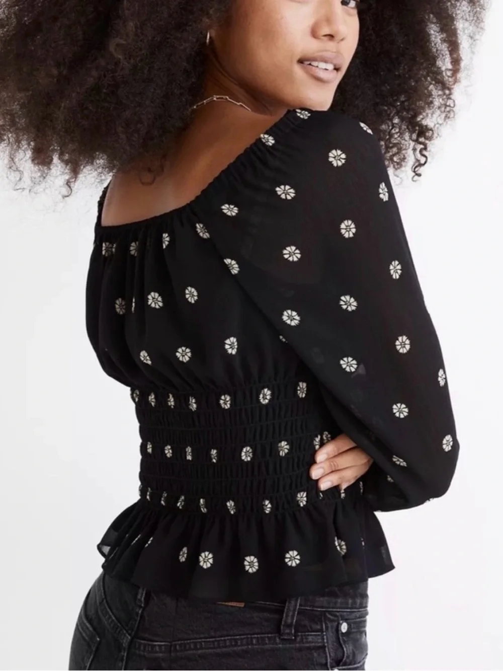 Madewell Black Floral Smocked Peplum Long-Sleeve Top